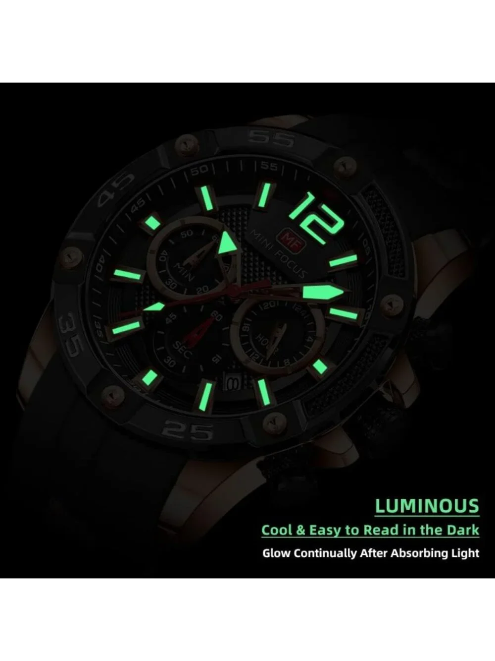 Men's Black Silicon Band Chronograph Waterproof Luminous Unique Casual Watch - Picture 4 of 6
